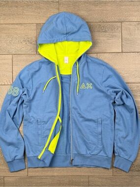 SUN68 Italy Men's Light Blue Full Zip Hoodie Neon Green Lining Logo Size L NWOT